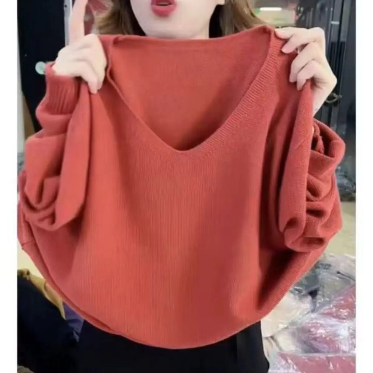 

Свободный вязаный топ V-Ne Pure Color ort Sve, женская повседневная одежда, удобная футболка больших размеров, надежная на живот