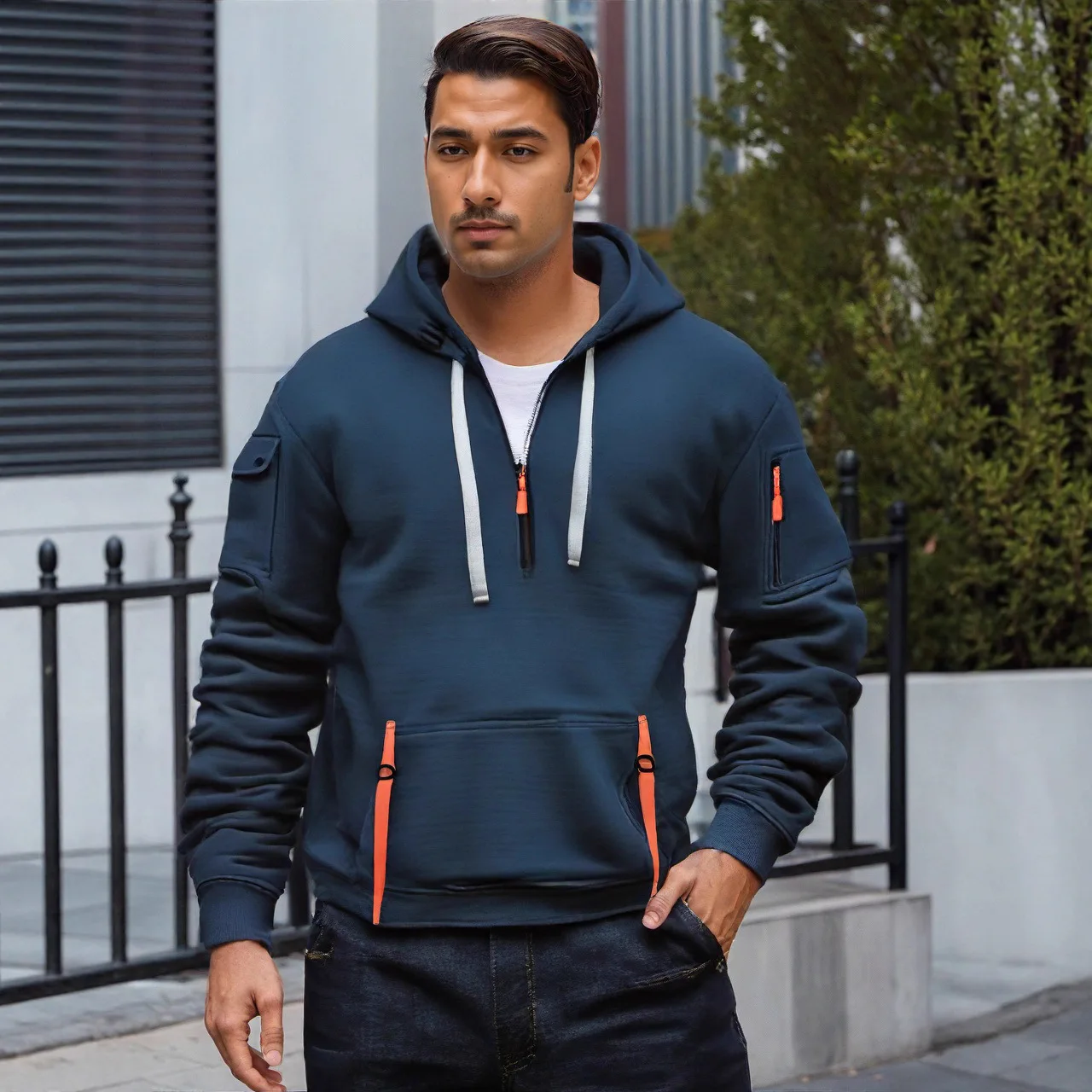 Europa tamanho masculino velo hoodie moda zip up sweatshirts com vários bolsos roupas masculinas inverno moletom masculino SW-015