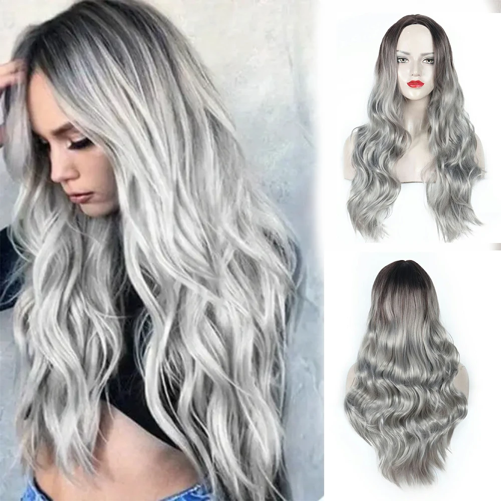 70cm Long body wave Curly Middle Part bangs Synthetic wigs Ombre Silver Grey Hair Heat Resistant cosplay halloween women DIY wig