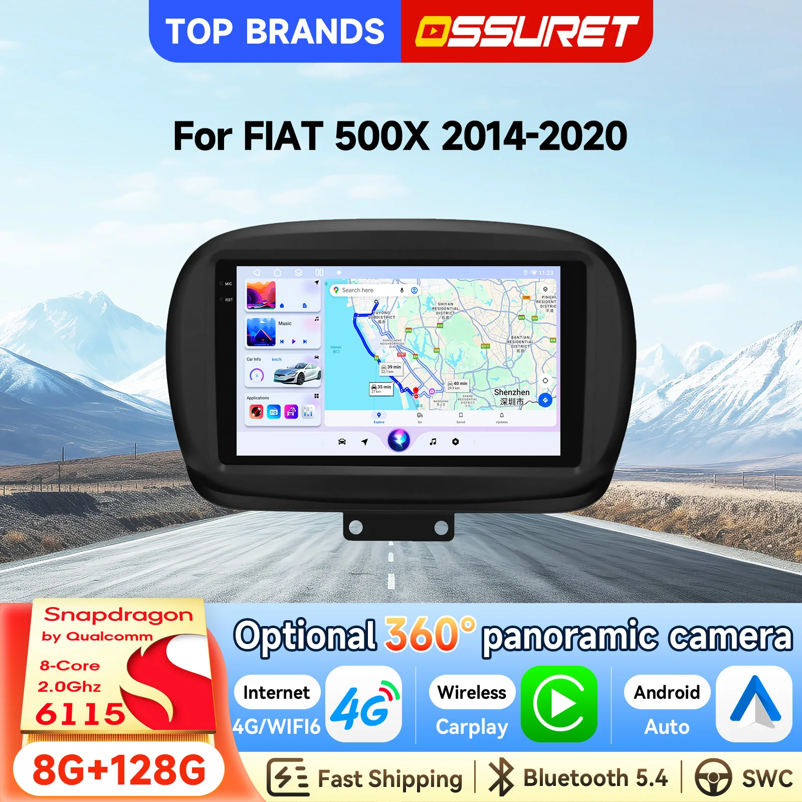 OSSURET Consegna Rapida 2 Din 9'' Navigatore GPS Android 15 Autoradio per Fiat 500X 2014-2020 Unità Principale CarPlay Android Auto Schermo Intelligente AI SWC FM RDS DSP Audio Radio 4G Wifi Bluetooth