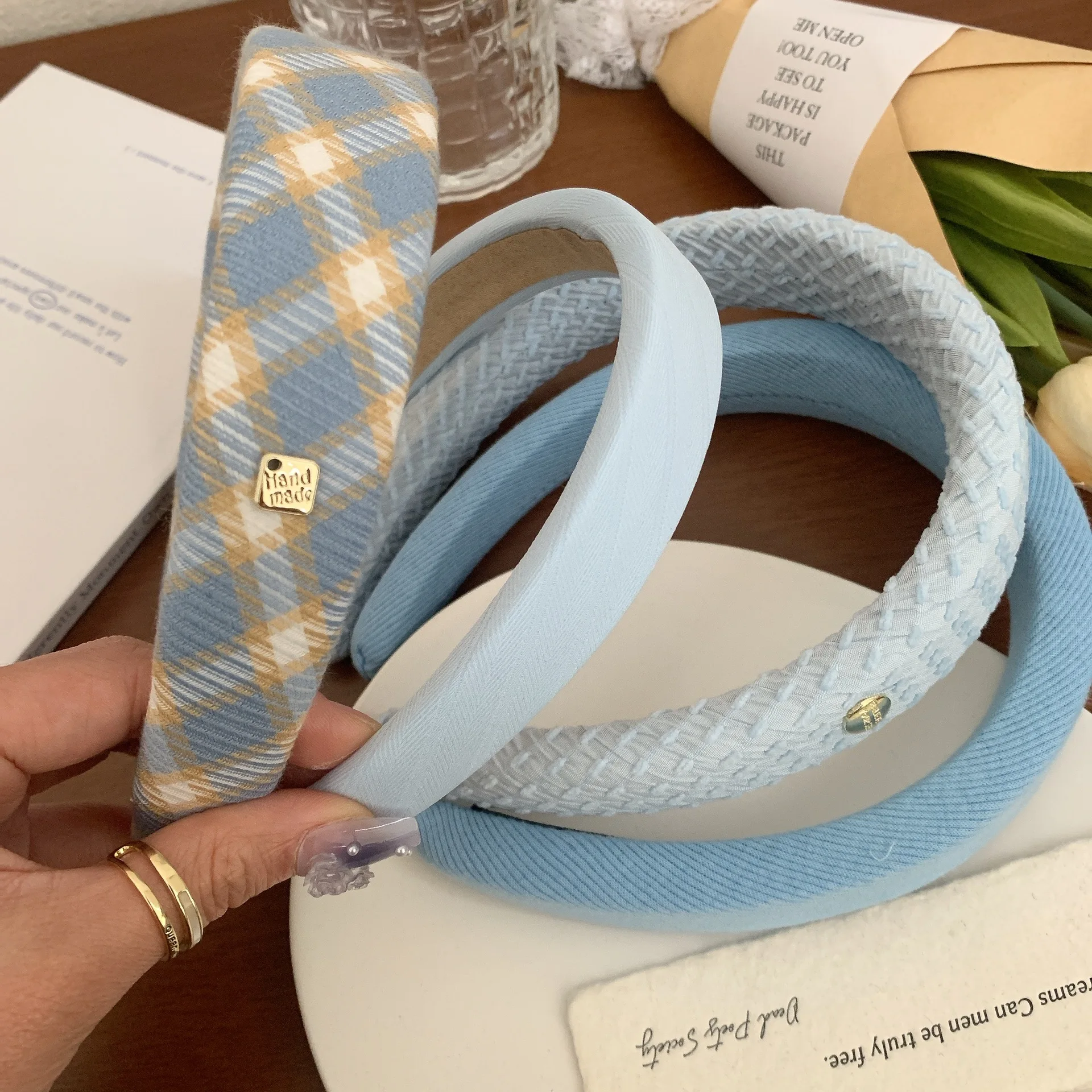 New Korean Style Sponge Headband for Women Elegant Gold Label Blue Wide Brimmed Hair Band Fashion Girl Face Wash Hair Hoop