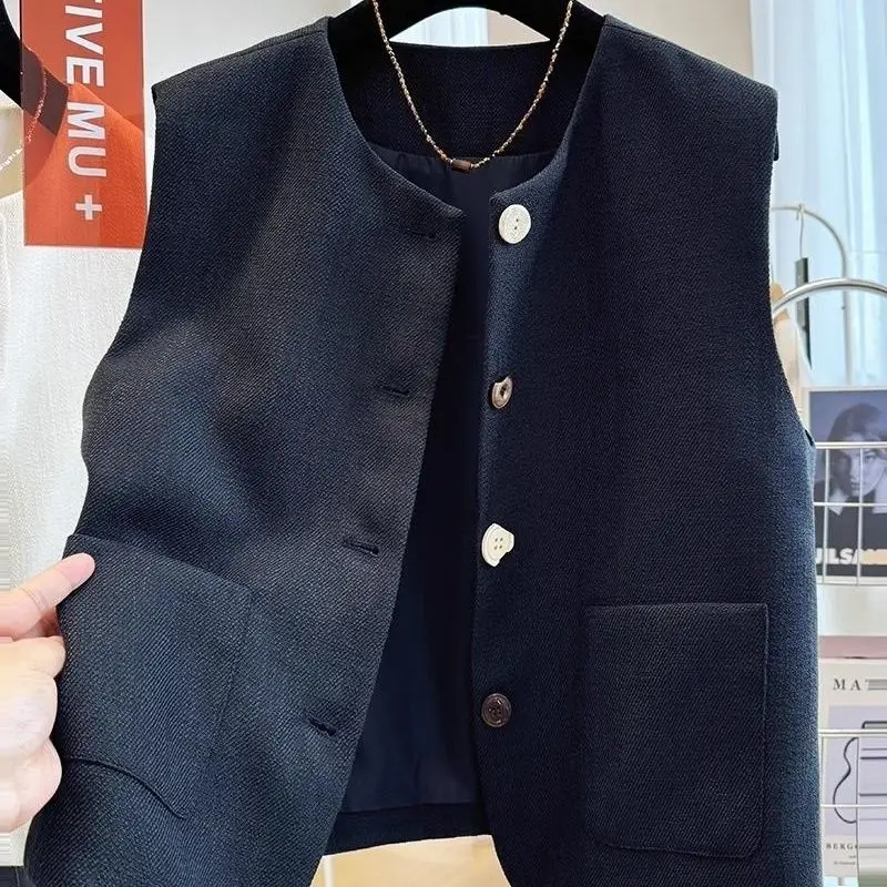 Spring Autumn Temperament Round Neck Small Suit Vest Jacket Women French Temperament Outerwear Layered Sleeveless Camisole Top