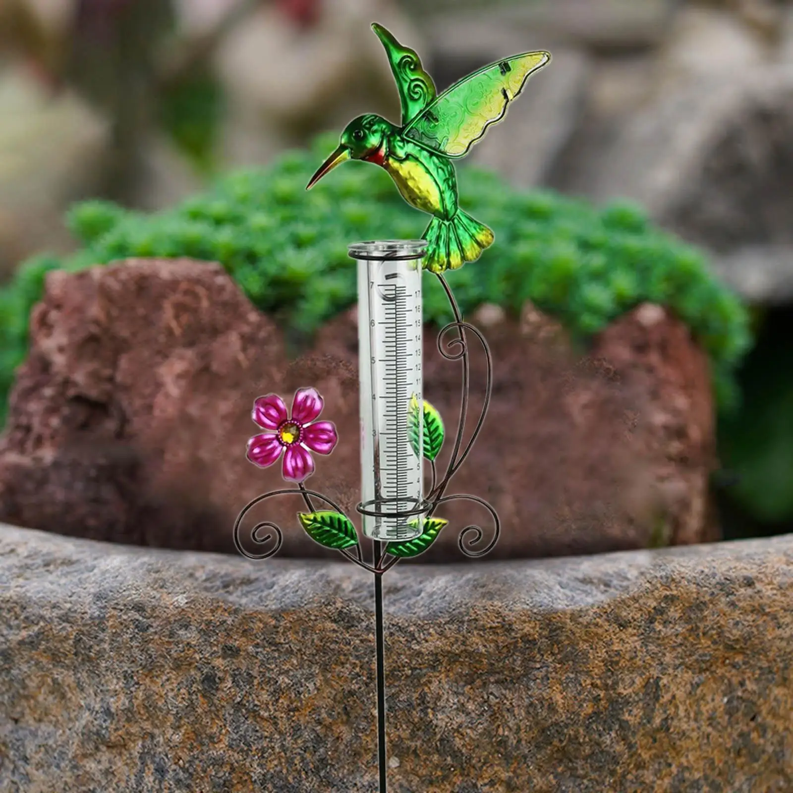 Hummingbird Rain Gauge Outdoor Iron Easy to Read Ornament Measuring Precipitation for Patio Farm Pathway Courtyard Decor