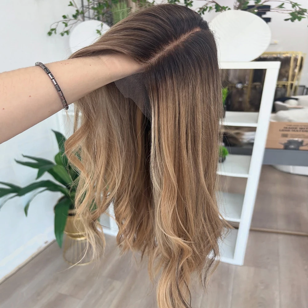 Sunkisses Balayage Blonde Wig Dark Rooting Highlights Body Wave Lace Front Wig PrePlucked Luxury Synthetic Wig for Women Wear&Go