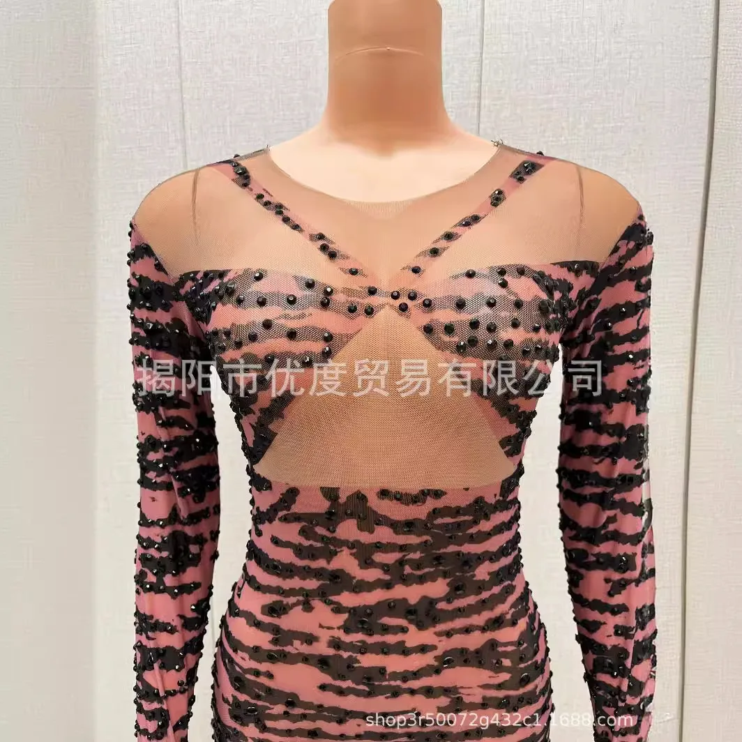 Domineering Wind Tight Glam Gloves Integrated DJ Cocktail Party Night Show Jumpsuit Tiger Pattern Vestidos De Graduaciones Mujer