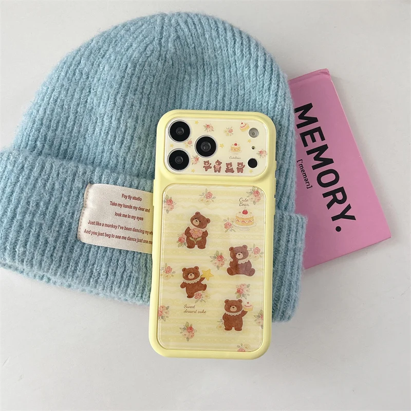 

Cute Yellow Bear Floral Phone Case For iPhone 17 16 15 14 Pro Max Sweet Cake Pattern Aesthetic Protective Cover