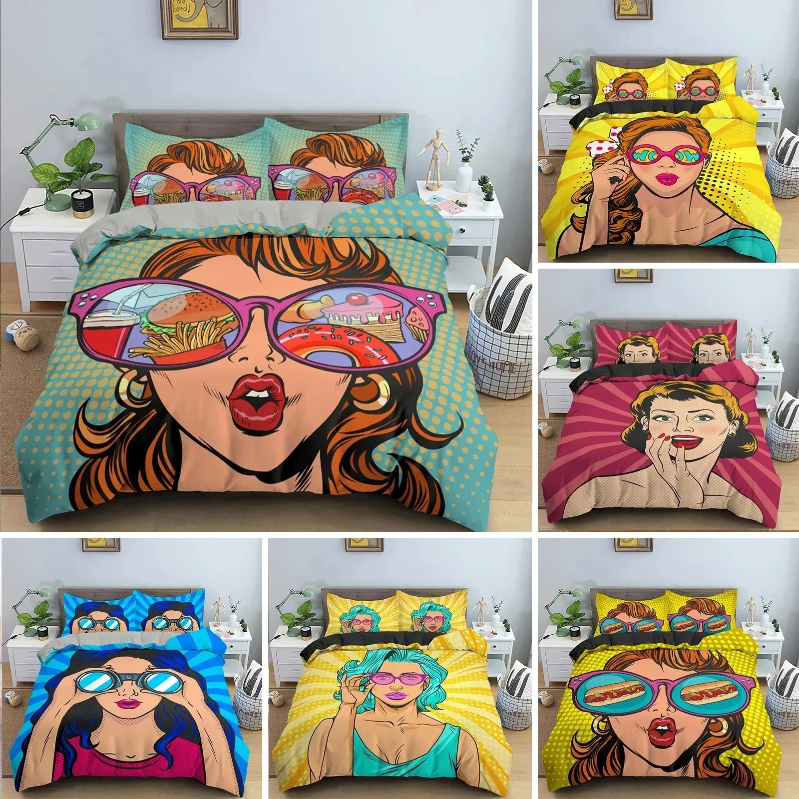 Cartoon Girly King Queen Duvet Cover Watercolor Fashion Girl Pattern Bedding Set Modern Women Polyester Comforter Cover