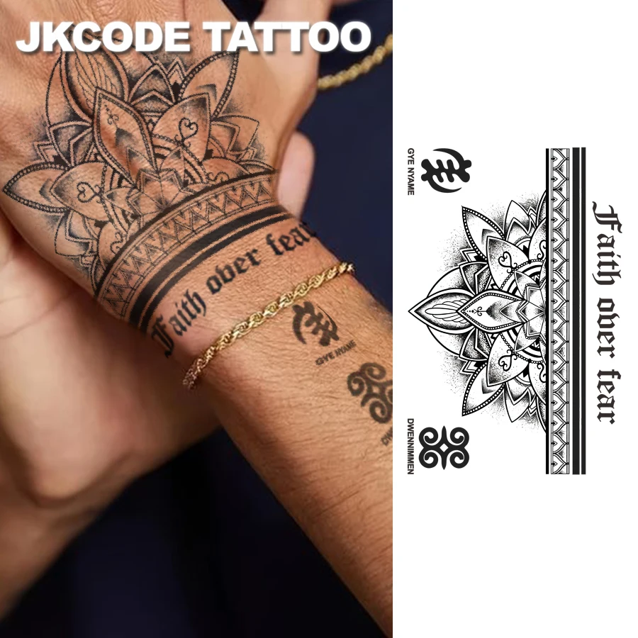 Brahma Lotus Totem Tattoo - Herbal Temporary Tattoo with Inspirational Positive Text Totem - Indian Yoga Totem - Blessing and Healing Style - English Text Graffiti for Men, Warm Style for Women, Dual-Use Tattoo Stickers for Hands and Neck, Long-Lasting Waterproof for 15 Days
