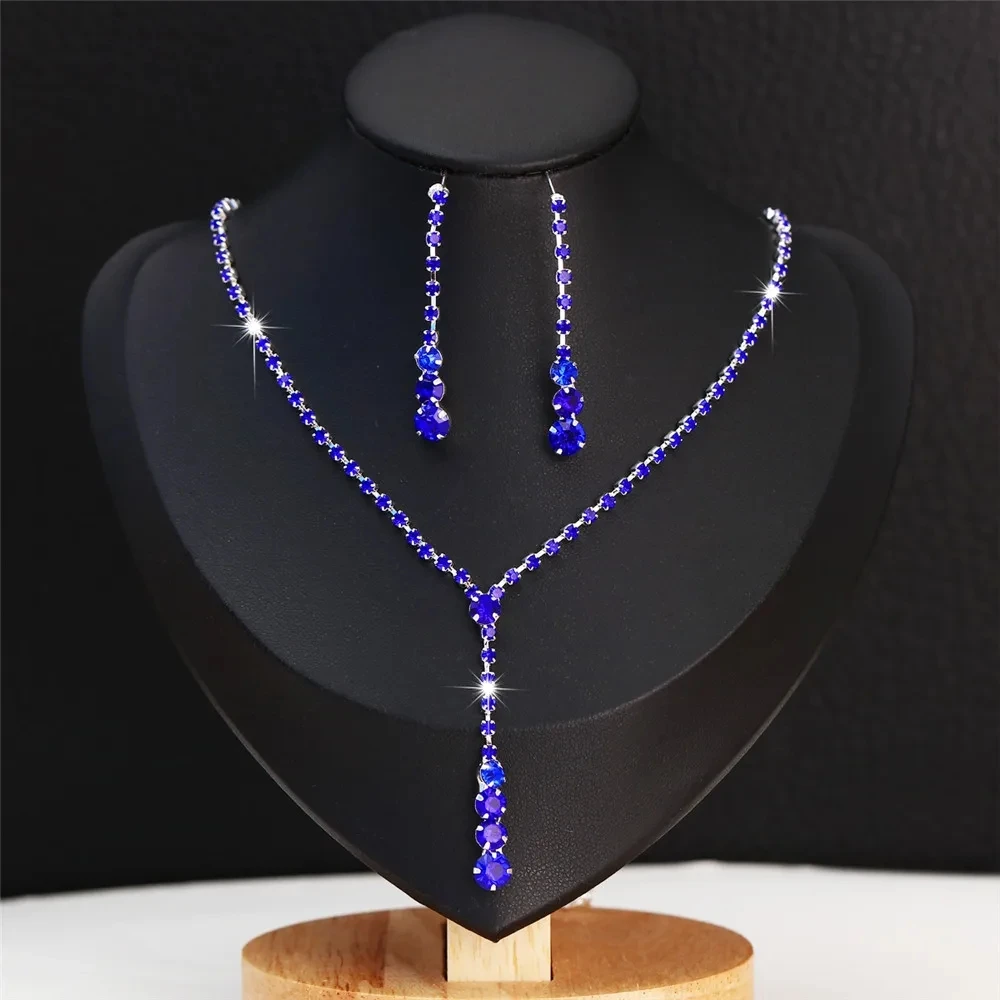 BLIJERY NEW Elegant Tennis Style Jewelry Sets for Women Shiny Royal Blue/Green Necklace Earrings Bridal Wedding Jewelry Set