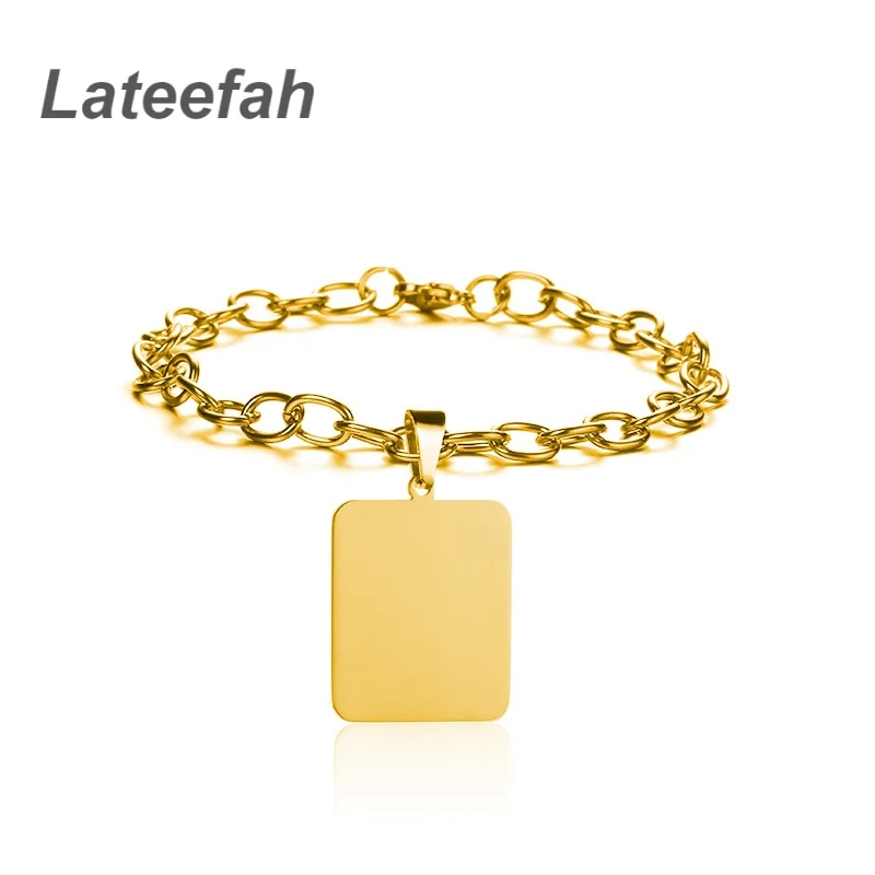 Lateefah Personalised Pulseras De Hombre Stainless Steel Customised 20cm Heart Round Rectangle Charm Engraved Photo Men Bracelet