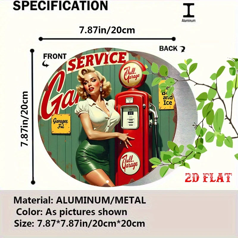 Vintage Full Garage Service Gas Station Pin Up Girl Round Tin Sign, Retro Pin Up Girl Gas Pump Metal Wall Art, Rustic Garage Ser