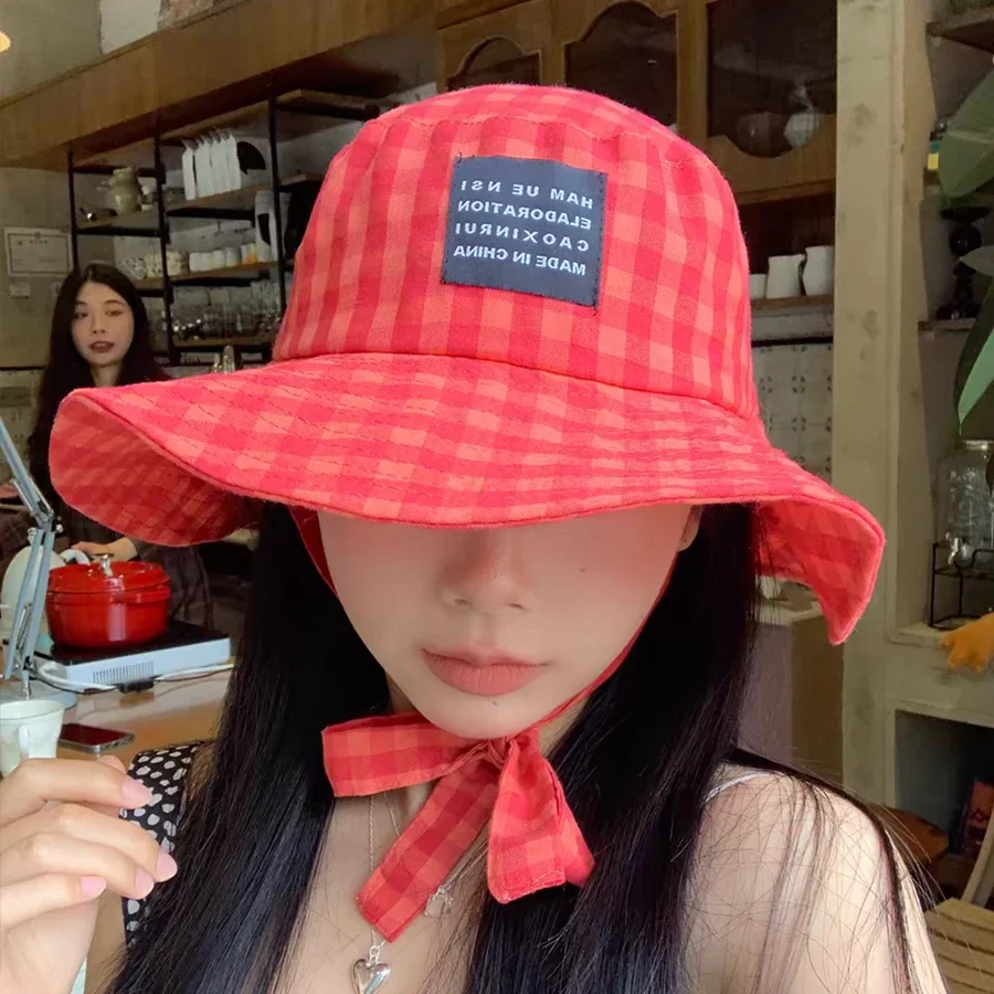 Korean Plaid Lace Up Bucket Hat Summer UV Sunscreen Beach Cap Ins Wide Brim Ins Popular Fisherman's Hat Summer Accessories