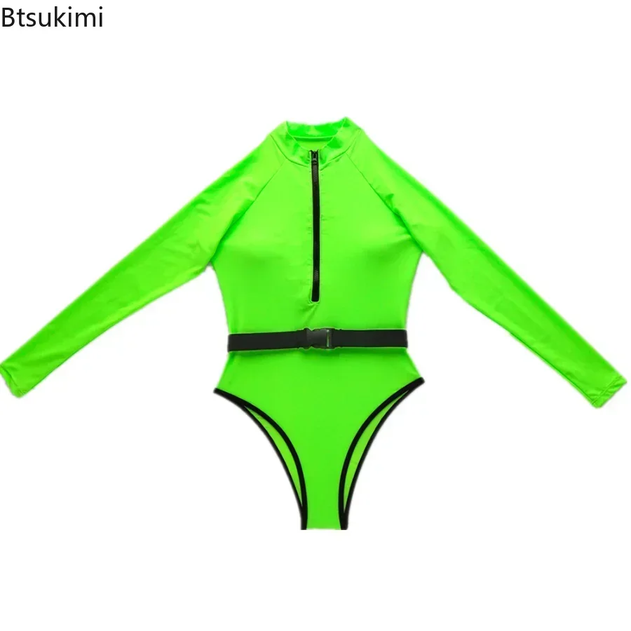 New 2024 Sexy One-Piece Surfing Swimming Suit Women Neon Zipper Long Sleeve Bathing Set Swimwear Sport Swimsuit Outfits Female