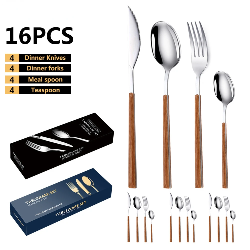 

Japanese and Korean Style Clip Handle Stainless Steel Tableware 16 PCS Imitation Wood Grain Steak Knife Fork and Spoon Gift Box