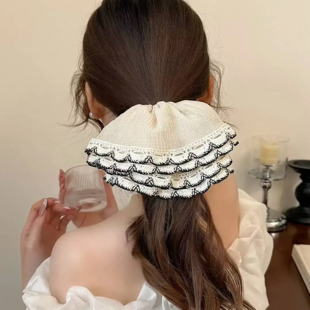 الرجعية الفرنسية نمط التجاعيد الدانتيل شبكة كبيرة Scrunchies رومانسية لطيف منخفضة ذيل حصان الشعر حبل المرأة الجزء الخلفي من رئيس كعكة الشعر التعادل