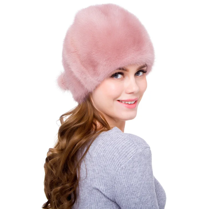 Mink Whole Mink Fur Straw Headed Hat for Women's Fashion Autumn and Winter Mink Hair Ear Protection Hat