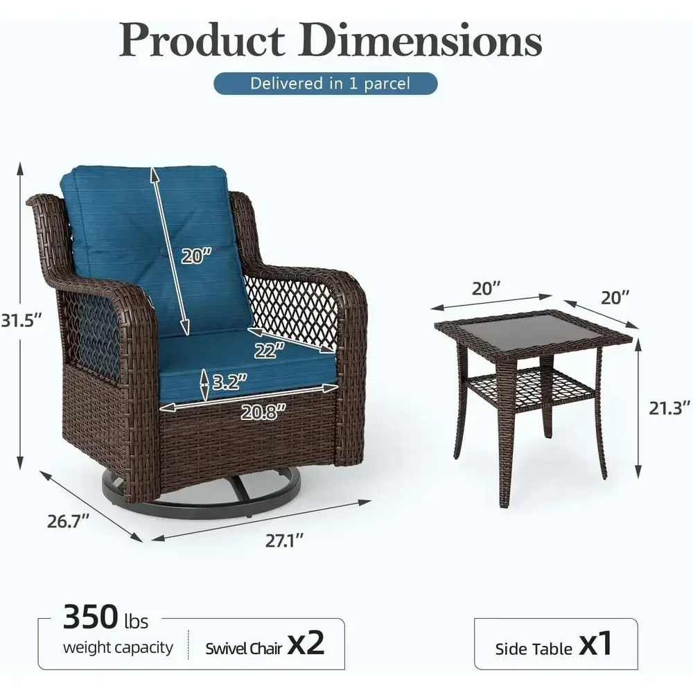 3-Piece Outdoor Patio Furniture Set with Swivel Chairs and Side Table, Suitable for Garden, Balcony, Blue