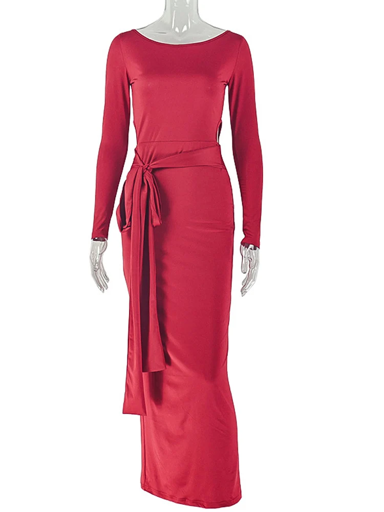 Beyprern – robe Maxi Sexy à manches longues, découpée sur le côté, couleur unie, col rond, moulante, robe de soirée formelle, Clubwear