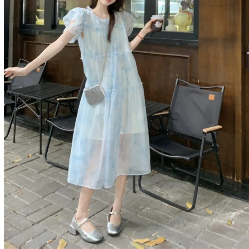 French Elegant Sweet Chiffon Dress for Women Summer Mori Girl Cute Fairy Aesthetic Loose A-Line Pink Blue Long Dresses Vestidos