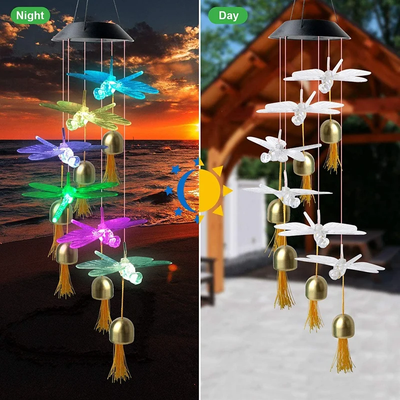 Impermeabile Solar Dragonfly Wind Chime cambia colore LED con campana Outdoor Hanging Decor romantico Patio Light per giardino