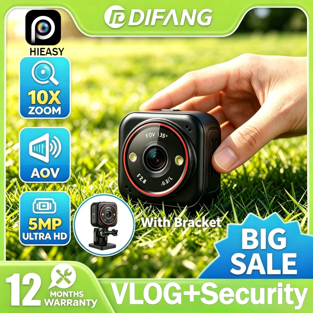 4G Mini Security Camera 12X Zoom Action Cam 135° Wide-angle Lens Vlog Camera 2-Way Audio Sport Camera