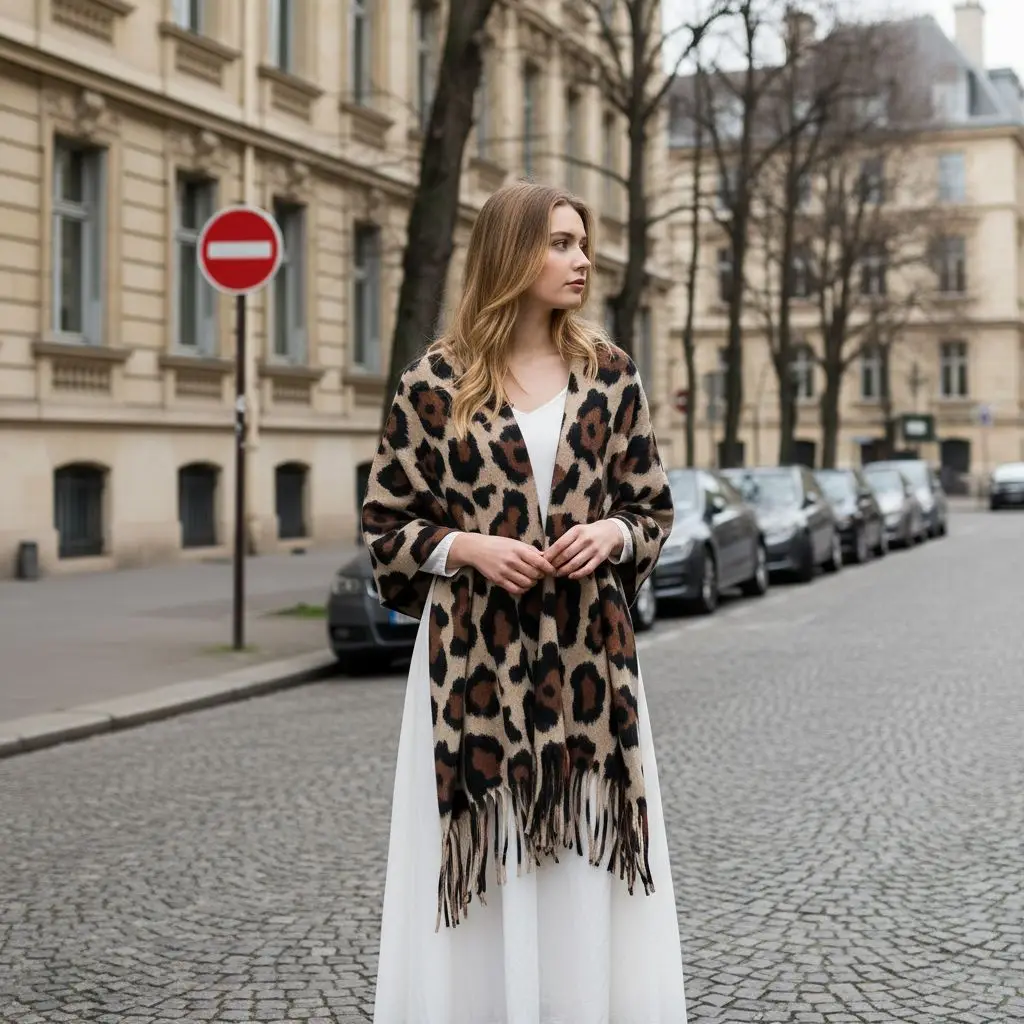 

Vintage Leopard Print Tassels Shawl Imitation Cashmere Thickened Winter Warm Scarf Windproof Hijabs for Women Man Cloak 145*55cm