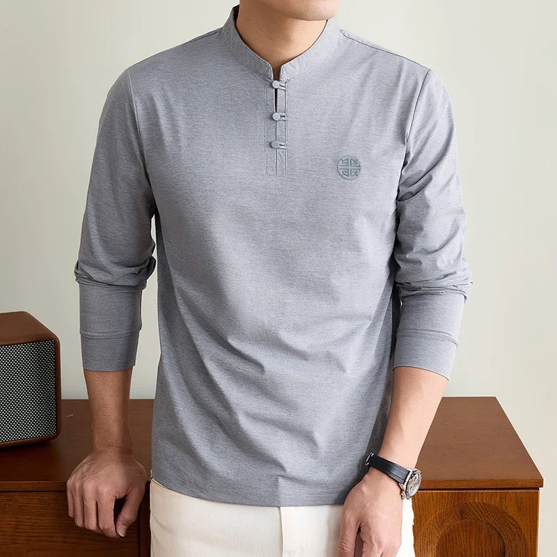 Mens Mandarin Collar Long Sleeve Tee Traditional Button Design Chest Emblem Smooth Stretchy Fabric Fashion Casual Tops For Men view 5