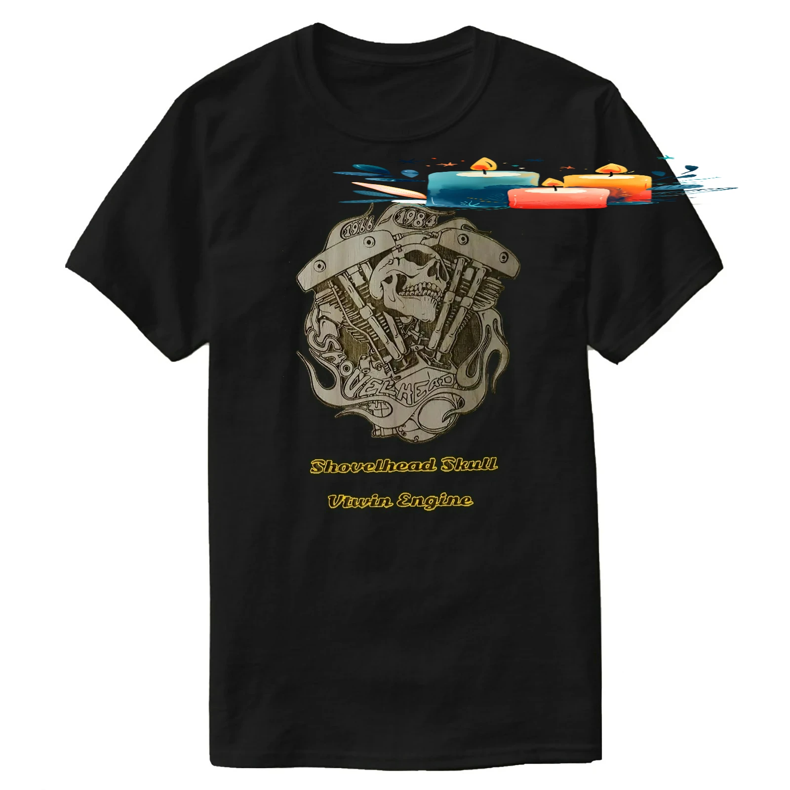 Retro American Motorcycle Shovelhead Skull HD V-twin Engine T-Shirt 100% Cotton O-Neck Short Sleeve Summer Casual Mens T-shirt