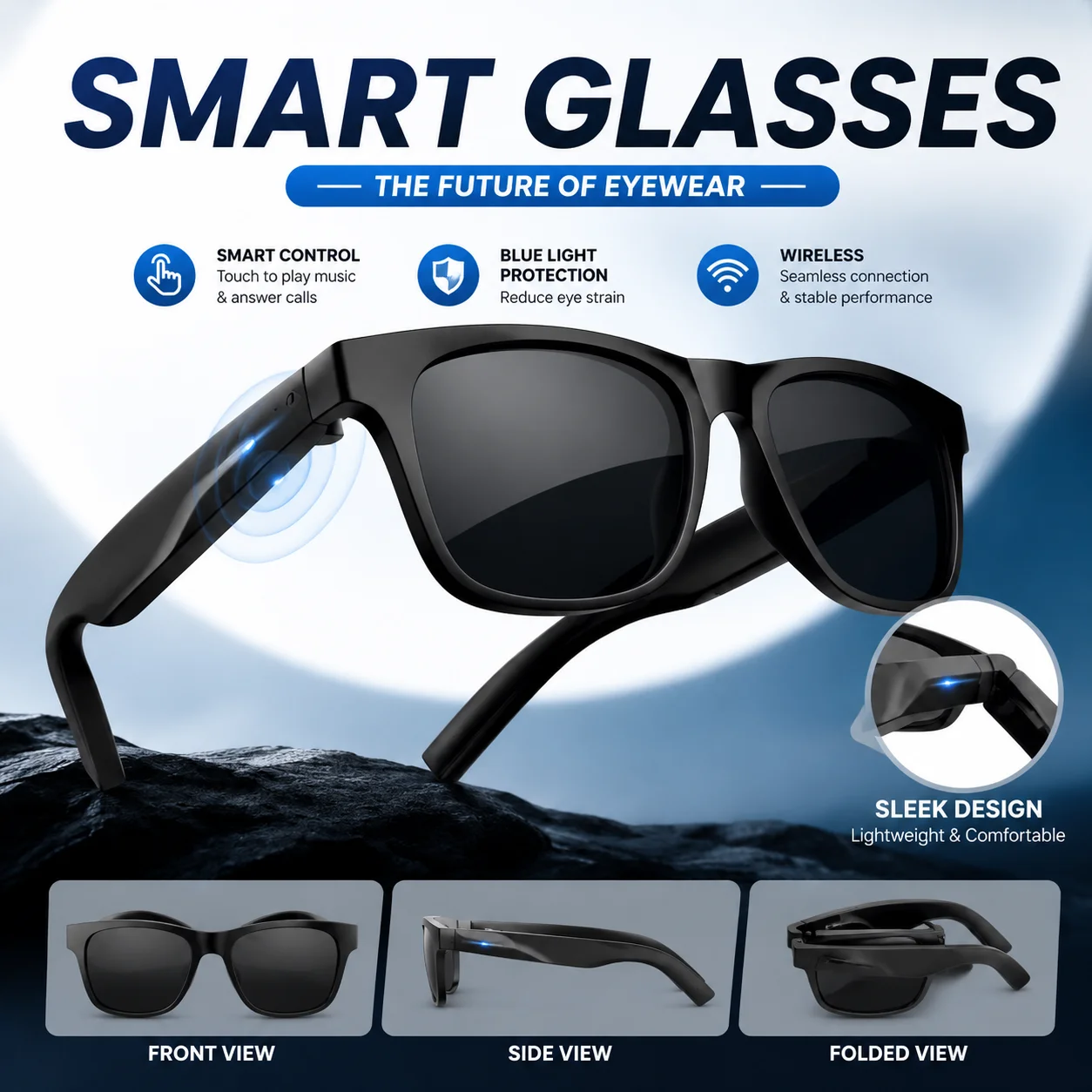 Smart Audio Glasses Bluetooth Wireless Open Ear Headphones Sunglasses Music Call Outdoor Sports Eyewear for Men Women AIMB-G1Max