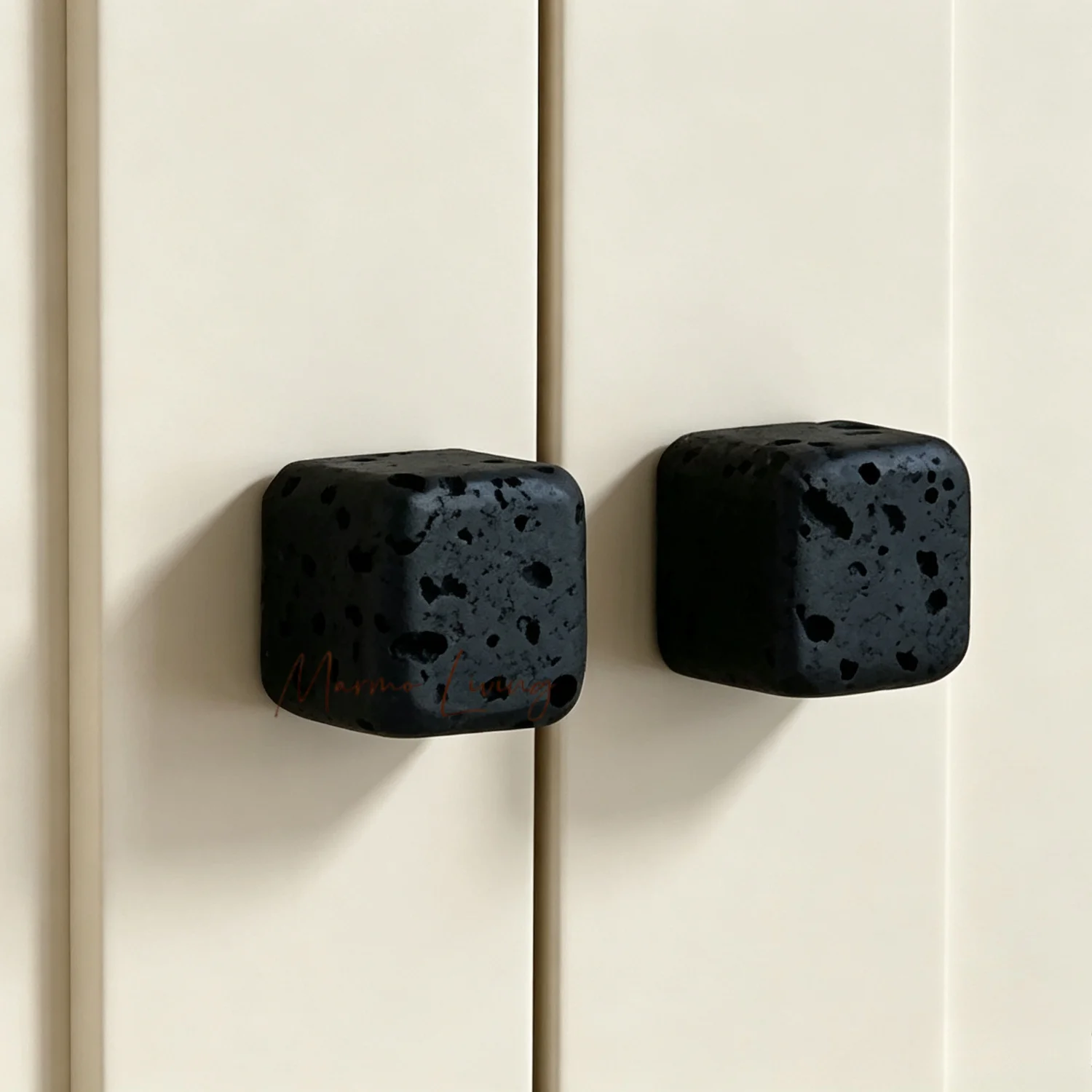 Wabi Sabi Black Travertine Stone Door Handle French Retro Wardrobe Natural Marble Cubic Knob Square Art Drawer Pull