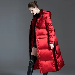 2023 New Winter Fashion Women Down Coat Hooded Long High End European Women Coat White Duck Down Warm Women Snow Wear Overcoa