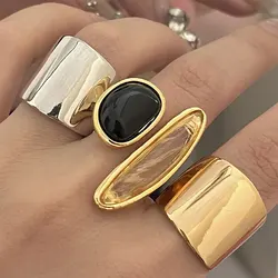 French retro Irregular Crystal Black Stone Metal Ring for Women Girl Asymmetry Vintage Jewelry Gift HUANZHI 2025 NEW