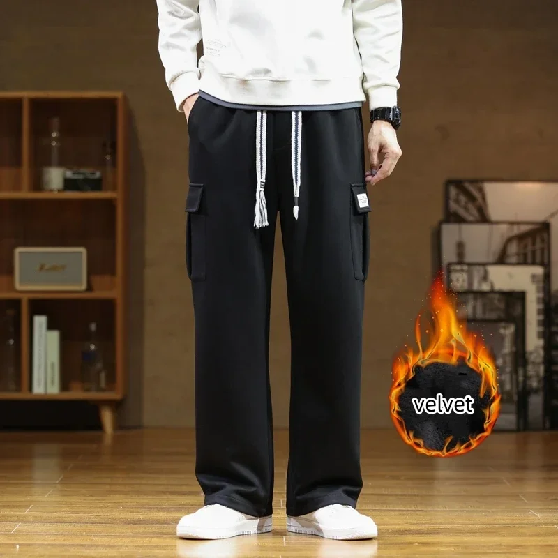 Winter Velvet Sweatpants Cotton Men Baggy Joggers Cargo Pants Neutral Breathable Loose Outdoor Solid Color Wide Legged Trousers