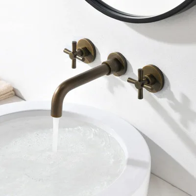 All-copper embedded cold and hot wall outlet bathroom cabinet basin washbasin black faucet