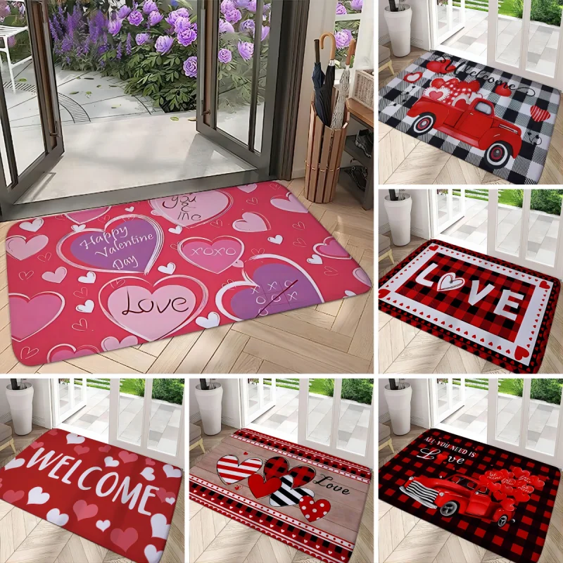 Love Heart Mat Home Indoor Welcome Valentine'S Day Design Doormat Non-slip Entrance Floor Carpet Washable Bathroom Bedroom Rug