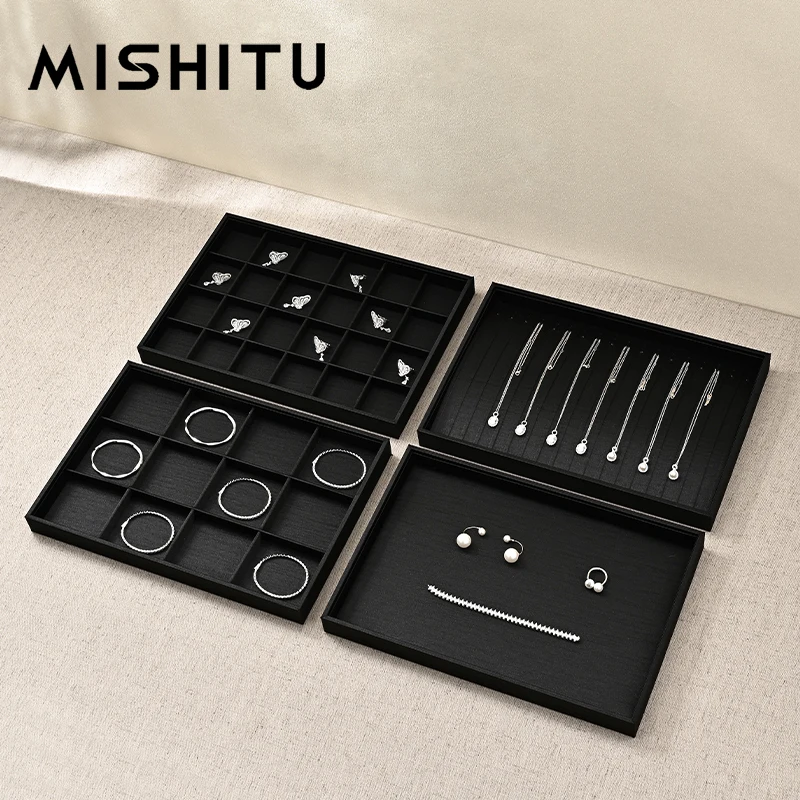 MISHITU Black Silk Jewelry Display Tray Stackable Necklace Earring Ring Watch Drawer Organize Jewelry Display Plate Storage Tray