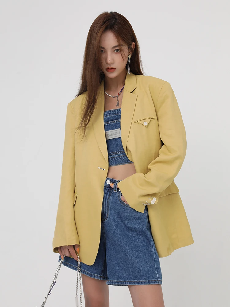 

DNT Korean Super Idol Ba Split Design Suit Street Sle Pure Color Long Sve Loose Fit Hollow out Detail One Button