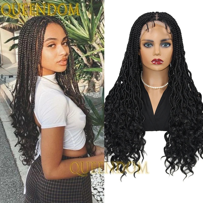 Full Lace Synthetic Box Braids Wig 24 Inch Cornrow Plaits Crochet  Braided Wig with Curly Ends Faux Locs French Curl Braid Wig