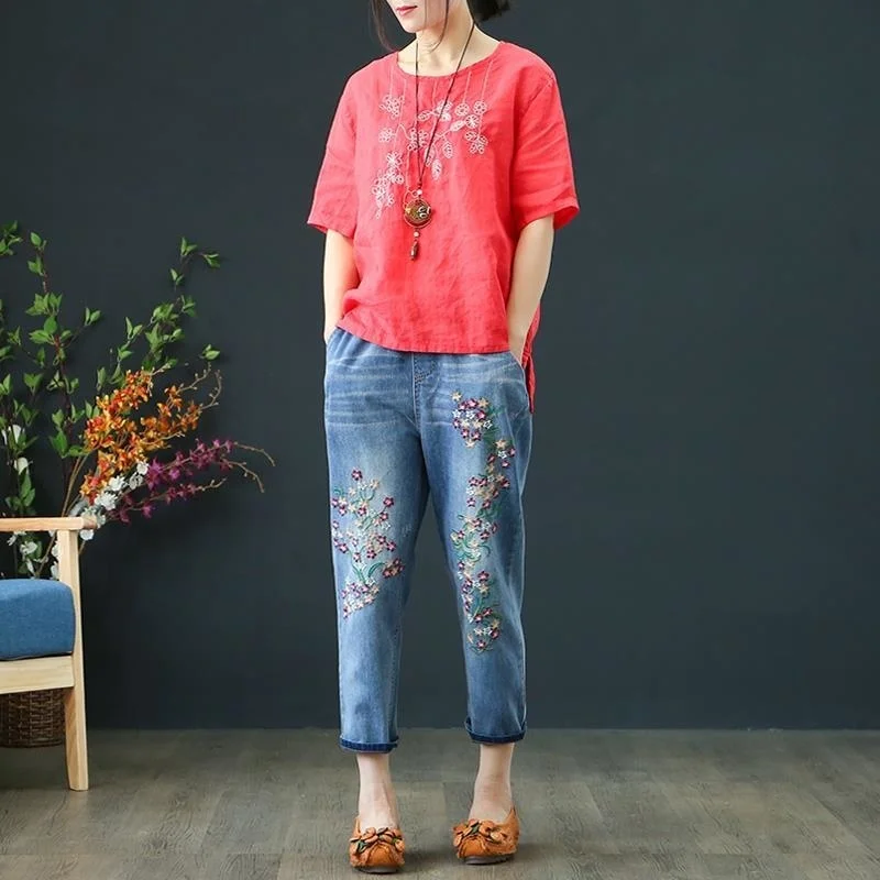 Jean Denim taille haute pour femmes, pantalon sarouel, broderie vintage, jean court fjWoman, printemps été