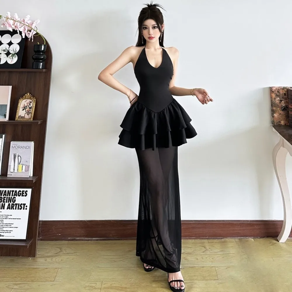 Sukienka maxi z siateczki SylCue, damska, wiązana na szyi, z głębokim dekoltem, odkrytymi ramionami, bez pleców, z falbanami, na nocny bal, marszczona, elegancka, Vestidos
