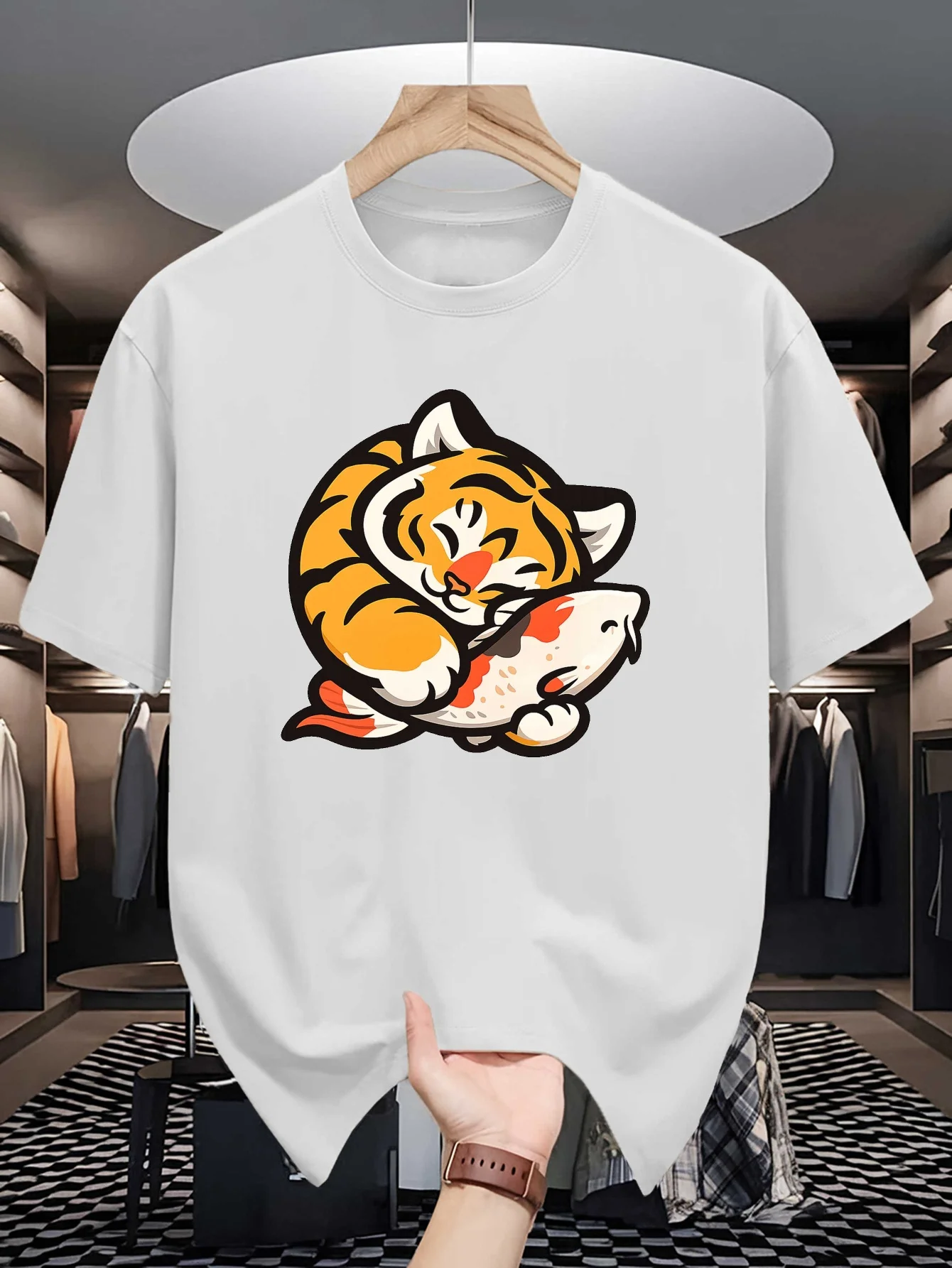 Mens Crew Neck T Shirt Adorable Tiger Cub Hug Koi Fish Lucky Cartoon Animal Graphic Short Sleeve Casual Cotton Street Tees