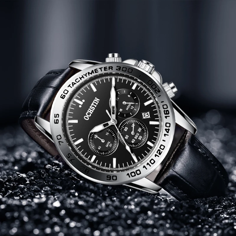 OCHSTIN Man Quartz Multi-Function Movement Wristwatch Men's Genuine Leather Band Prominente Collection Life Waterproof Clock