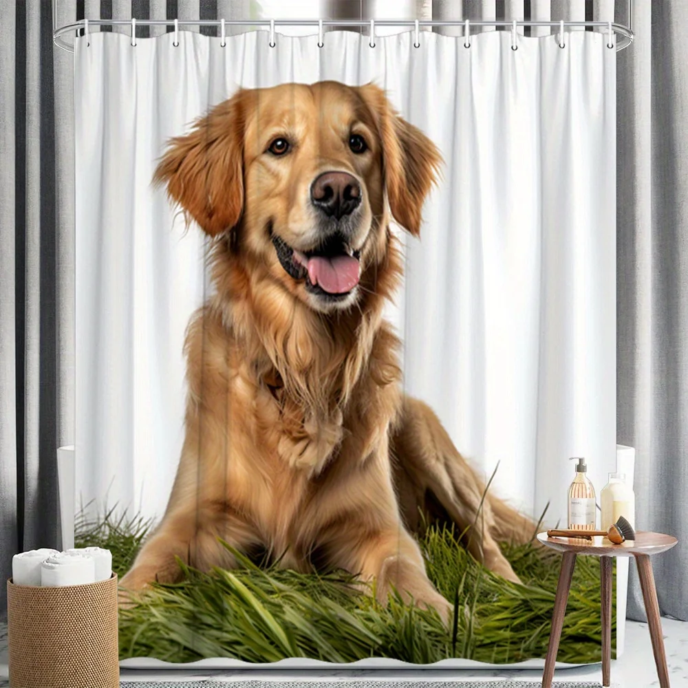 Golden Retriever Shower Curtain Cute Dog on Grass Print Waterproof Polyester Bathroom Decor Bath Curtain Set