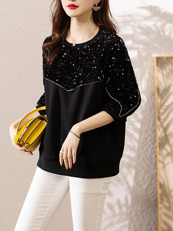 

Весна 2026, новый утягивающий свитшот из воздушного хлопка с пайетками, длинный свек, круглый Ne, лоскутный свитшот, универсальный женский топ больших размеров