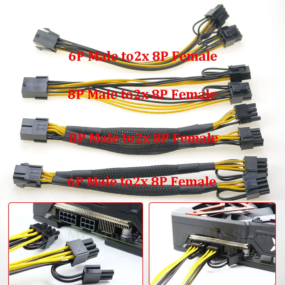 Pure Copper GPU PCIE 6/8Pin Female To Dual 2X8 (6+2) Pin Male PCI Express Power Adapter Splitter 6Pin/8Pin Power Extension Cable