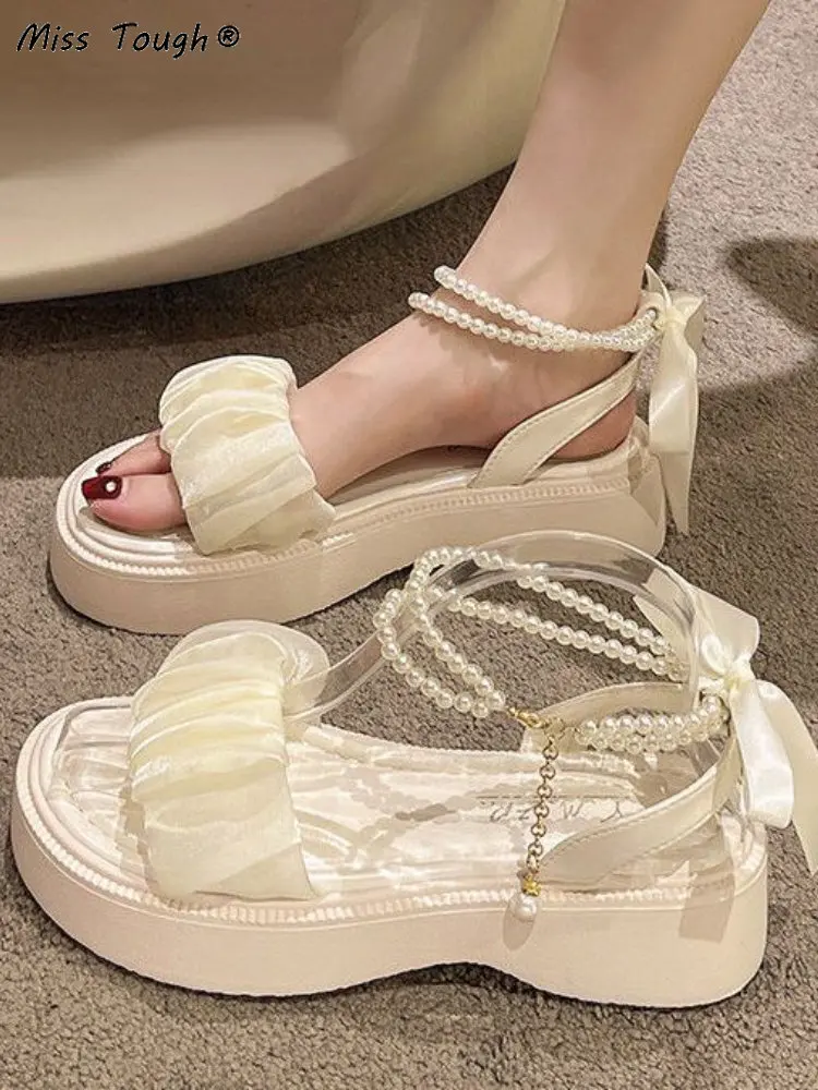 Autumn Fairy Sweet Sandals Women Korean Fashion Elegant Solid Platform Shoes Ladies Open Toe Non-slip Beaded Designer Shoes 2022