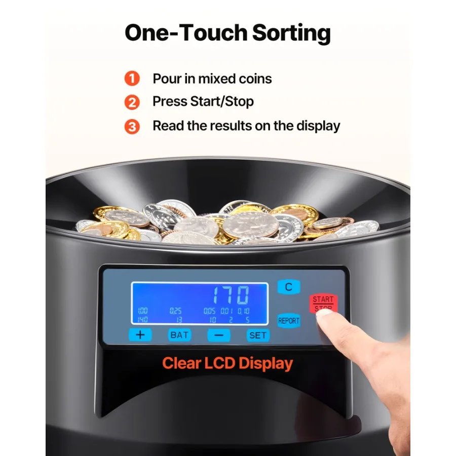 USD Coin Counter Coin Sorters with LCD Display, Coin Sorter Machine for USD Coin 1/5/10/25 Cents 1, Sorts up to 300 Coins/min,