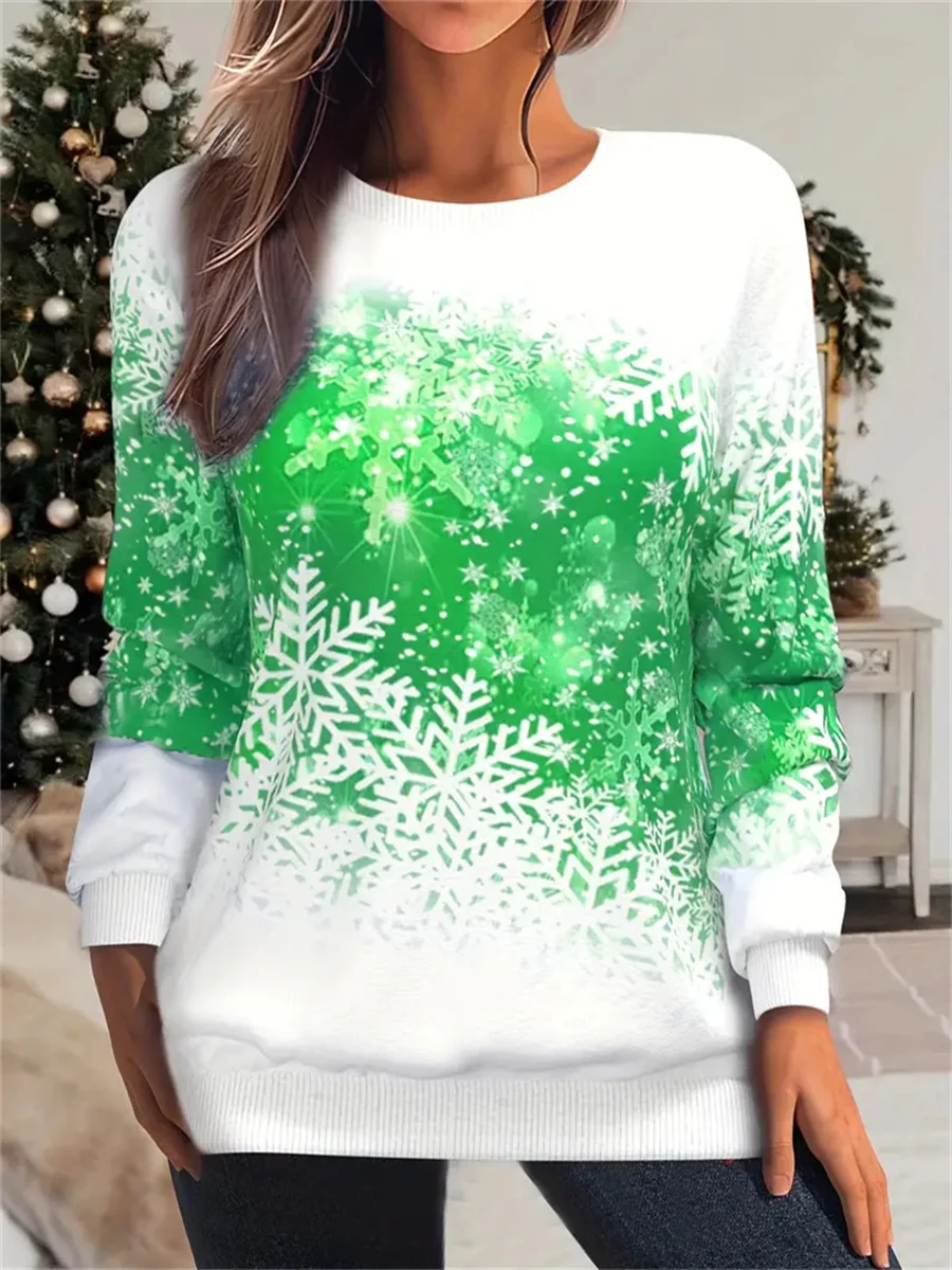 2023 Christmas snowflake and plaid women\'s autumn and winter printed long-sleeved round neck pullover large size sweatshirt