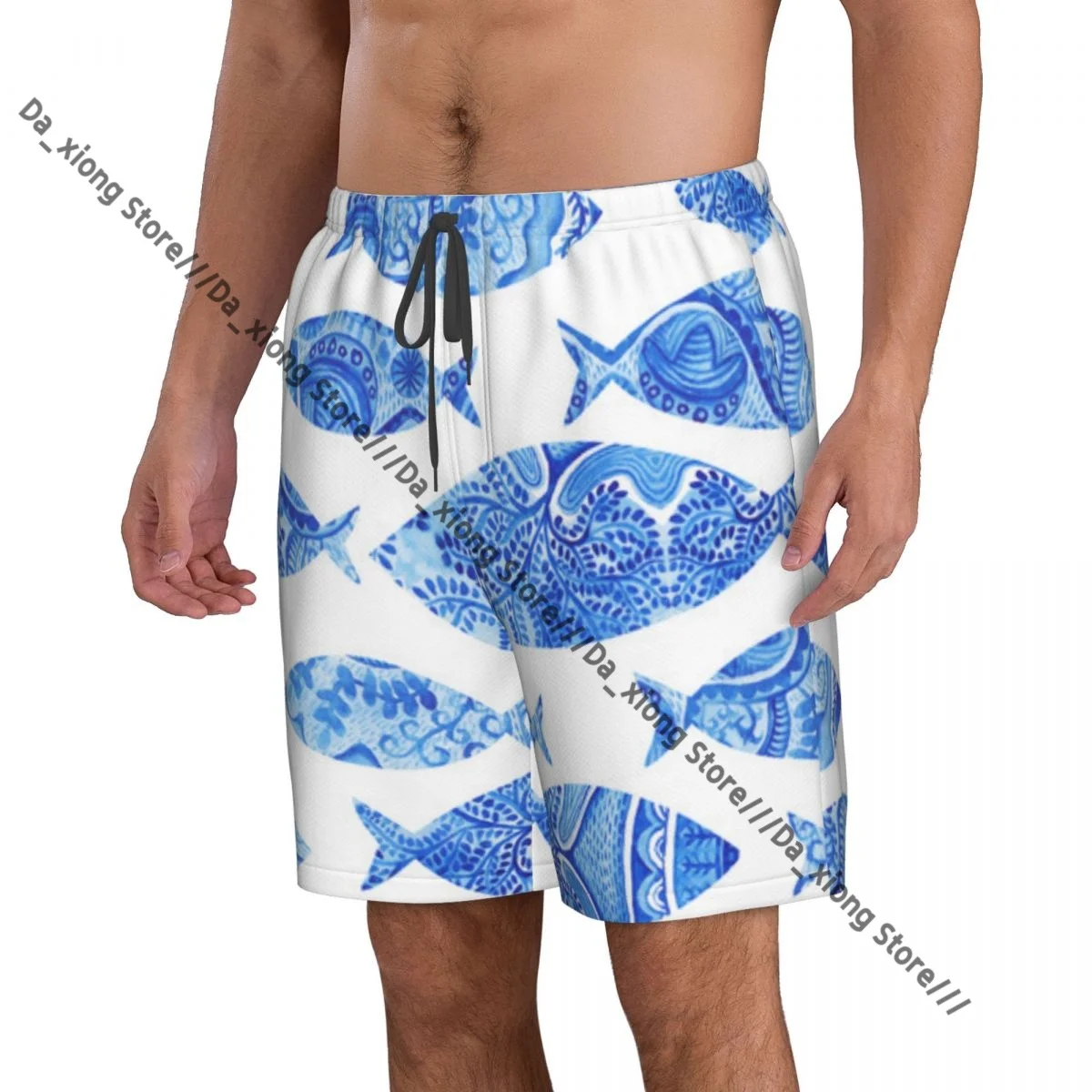 Men Beach Short Quick-drying Swimming Trunk Fish Sea Animal With Ottoman Ornated Mosaic Swimwear Swimsuit Bathing Shorts