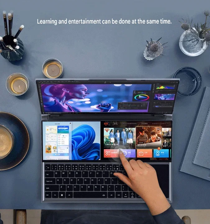 Dual Screen Business Laptop, 20mm Slim Notebook with English Keyboard, Integrated Graphics, for Office Work